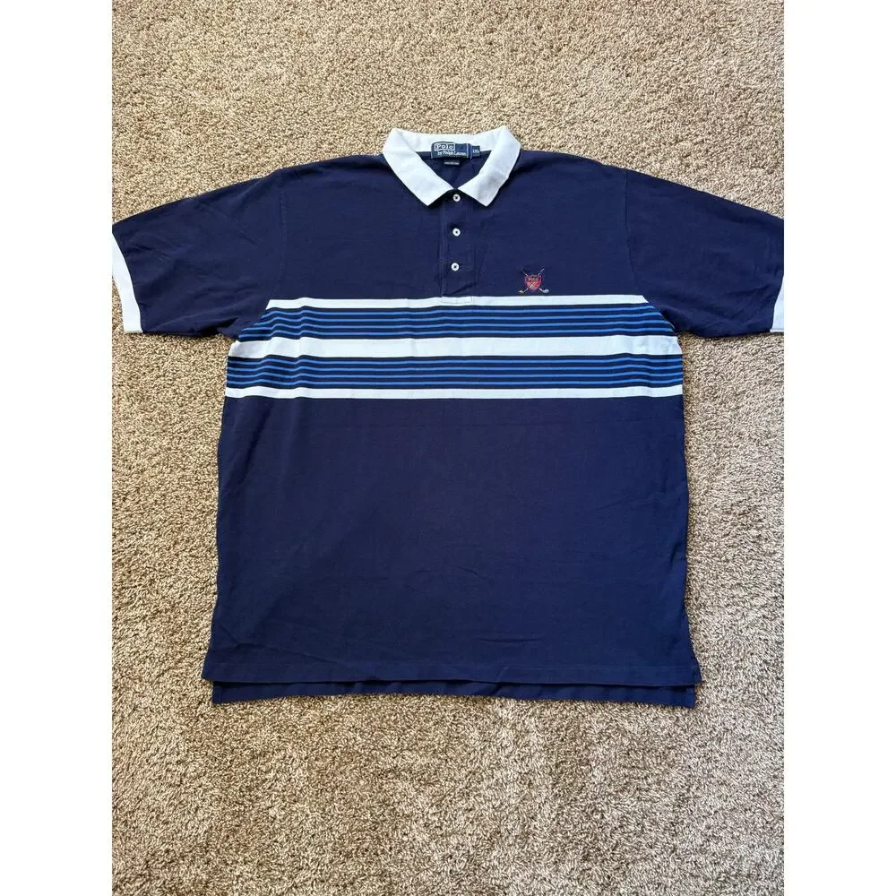 Vintage Polo Ralph Lauren Striped Polo w/ Crest Embroidery Mens Size XXL Navy